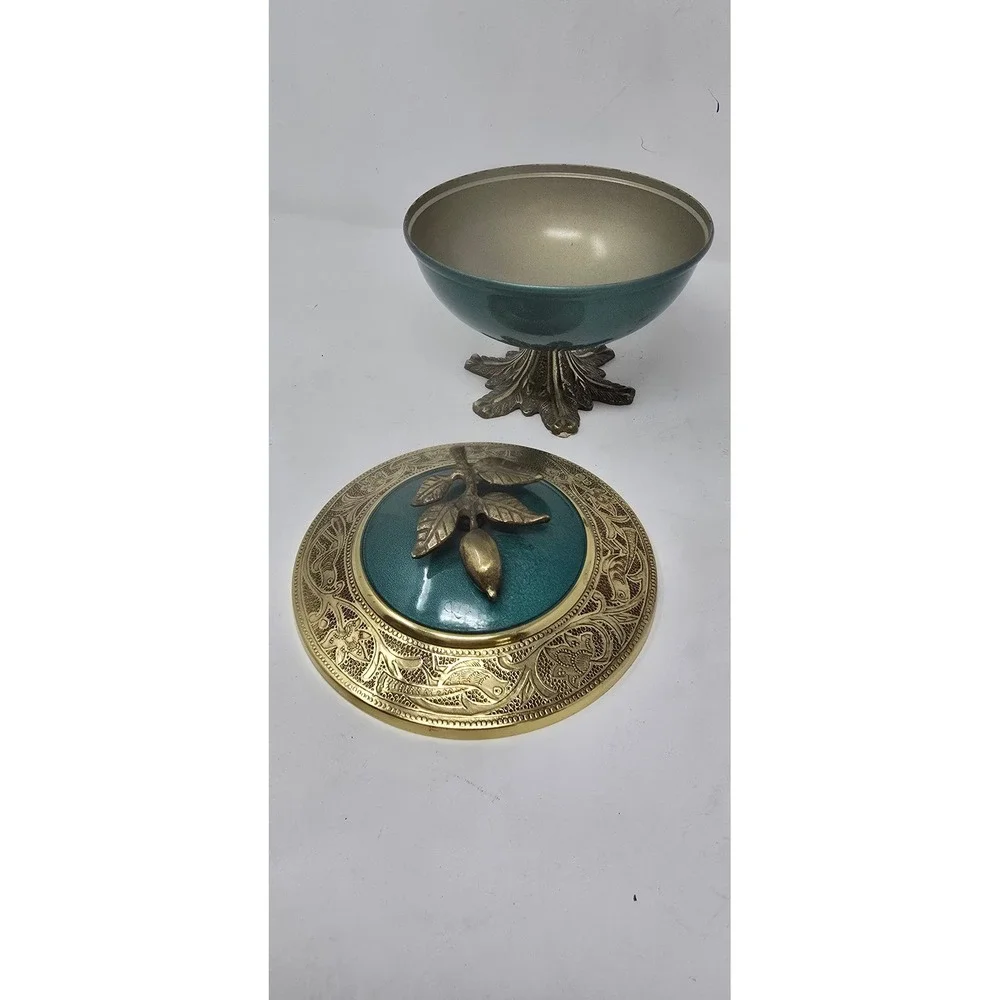 Vtg Sabra enamel brass candy pedestal trinket lidded box Israel brutalist